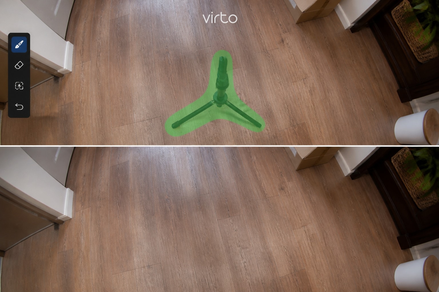 Tripod removal on a professional 360 virtual tour Remove a tripod from a 360° photo with the green brush in Virto 360 — before and after on the nadir
