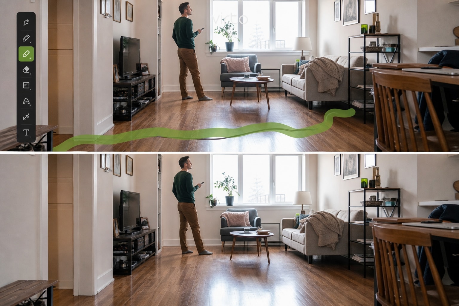 Cleanup in the space, not just the nadir Green brush over a floor distraction in a living room 360° panorama, then a clean result