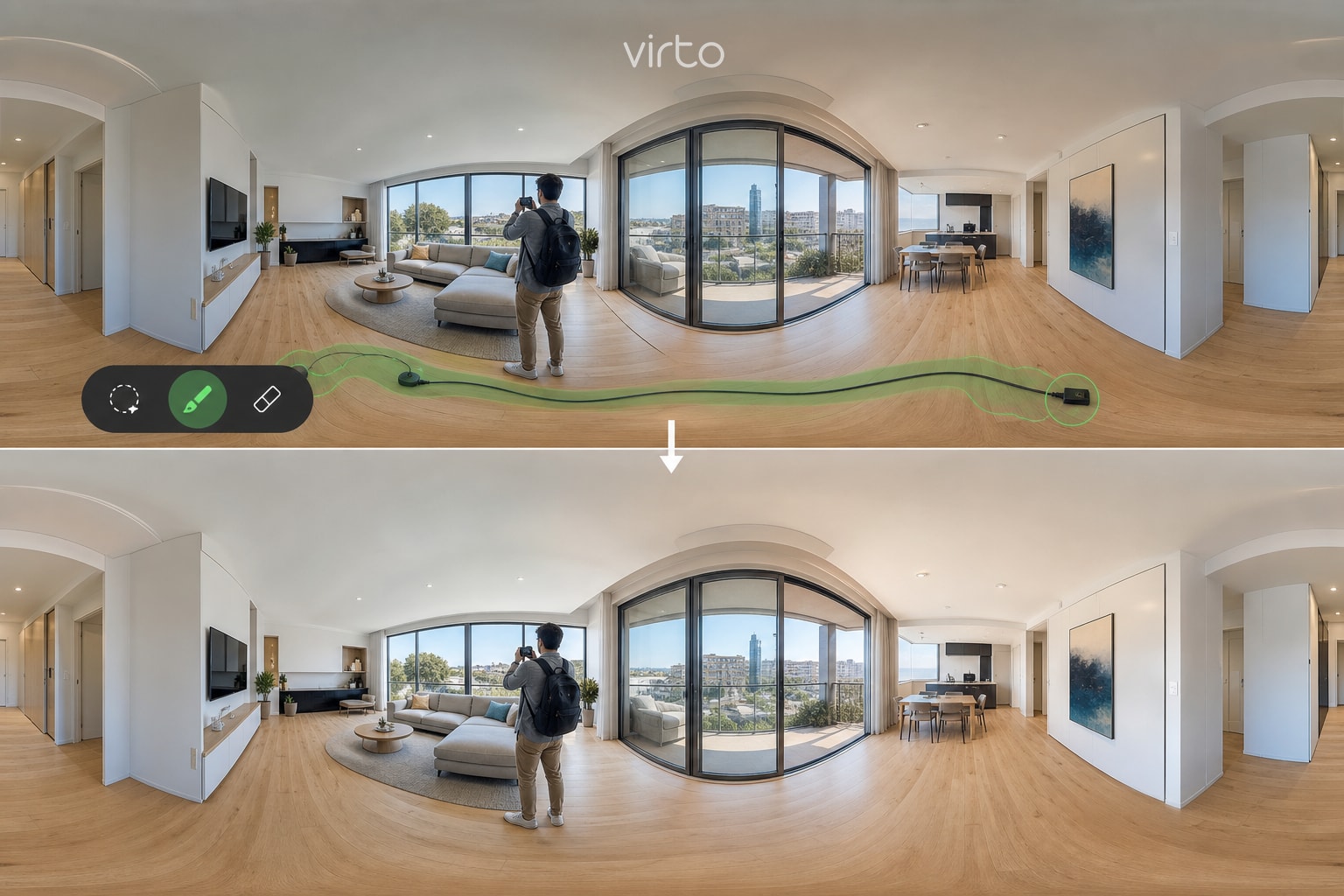 Remove cables from a 360° room Green brush selecting a cable on a wooden floor before AI remove in a 360° virtual tour