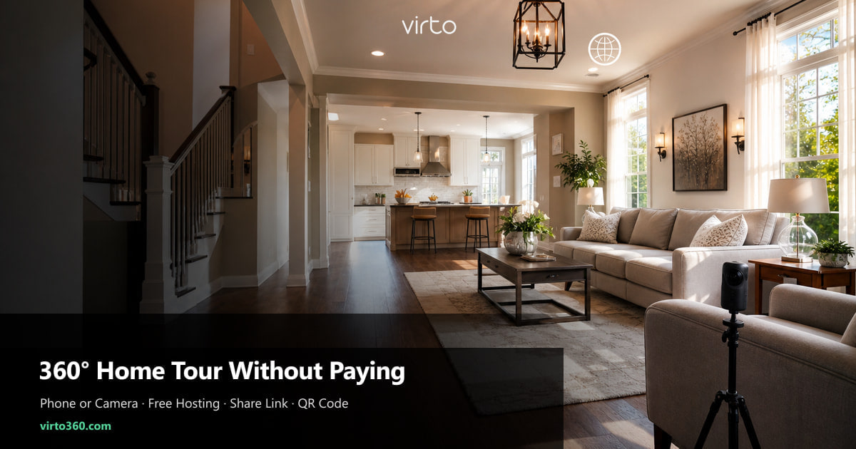 Best way to give a 360 tour of a home without paying — phone or camera capture, free Virto 360 hosting, share link and open house QR code