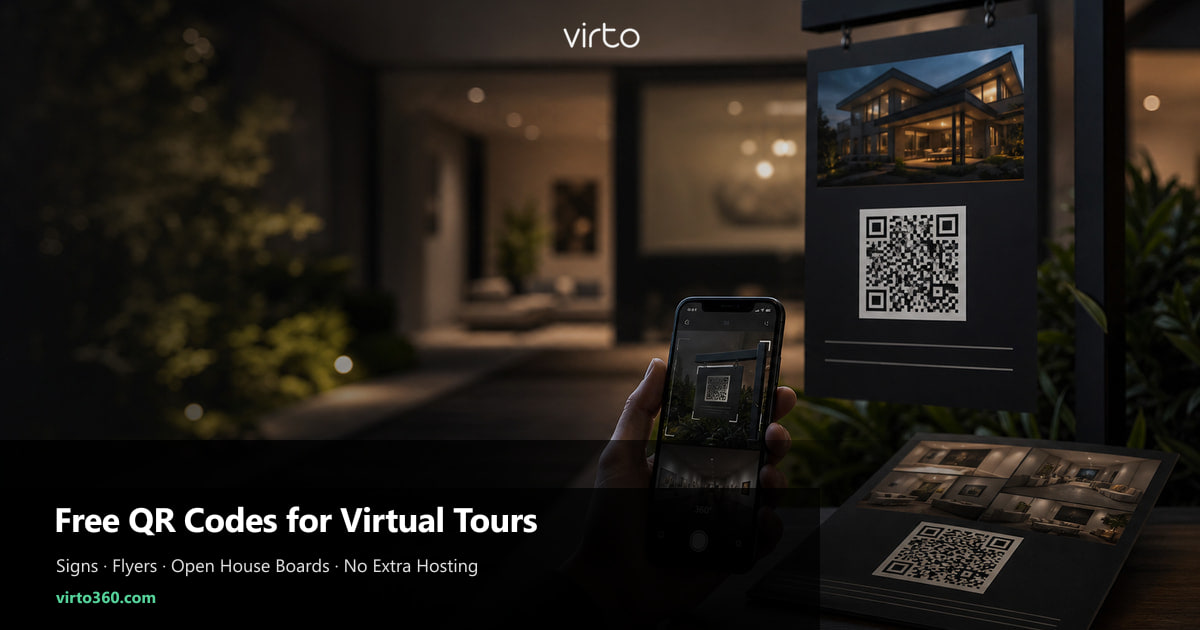 Free QR code for virtual tour print marketing — open house sign, real estate flyer, yard board and phone scan to 360 virtual tour in Virto 360