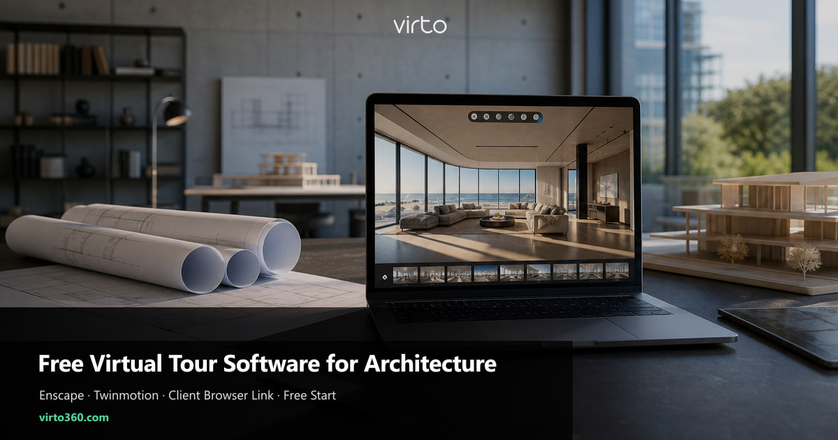 Free virtual tour software for architecture — Enscape 360 panorama export, blueprint review and client browser walkthrough link in Virto 360