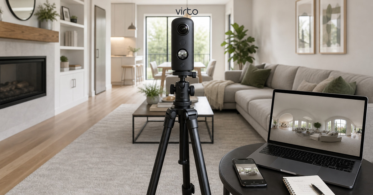 How to shoot 360 photos for real estate virtual tours — room shot list, tripod setup, Ricoh Theta and Insta360 panorama workflow for Virto 360