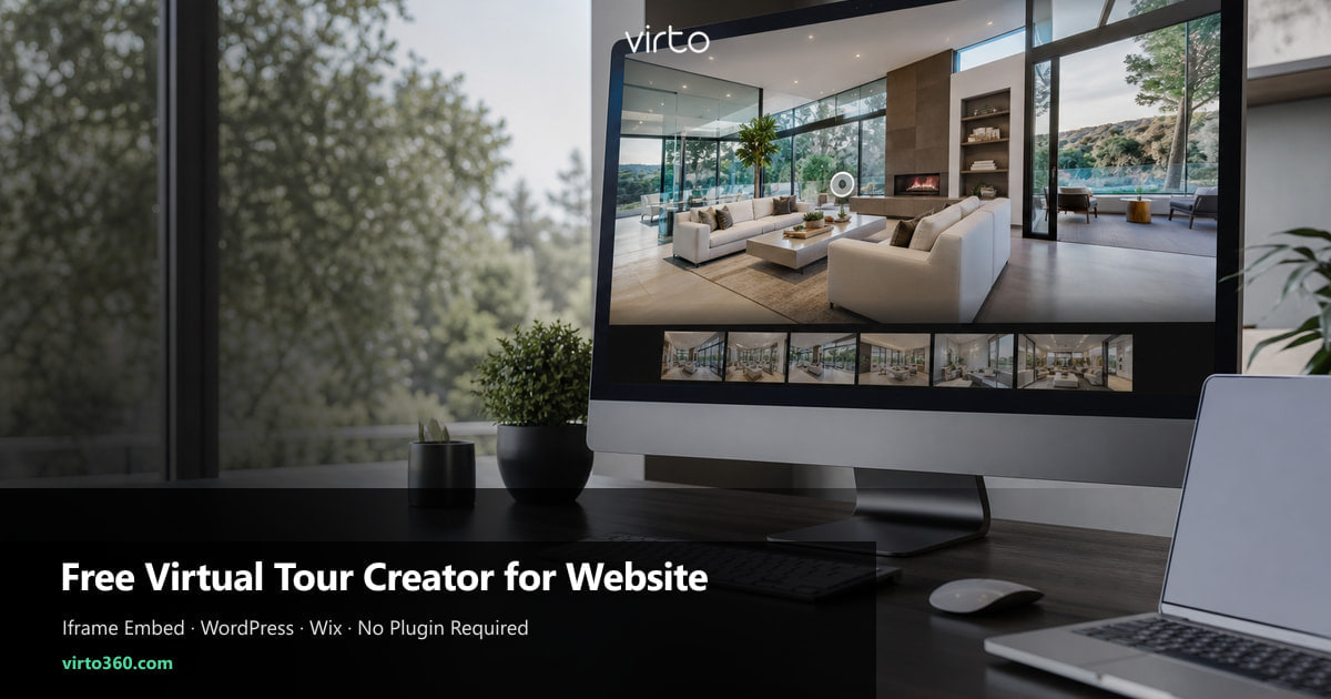 Free virtual tour creator for your website — iframe embed on WordPress, Wix and Squarespace listing pages with Virto 360