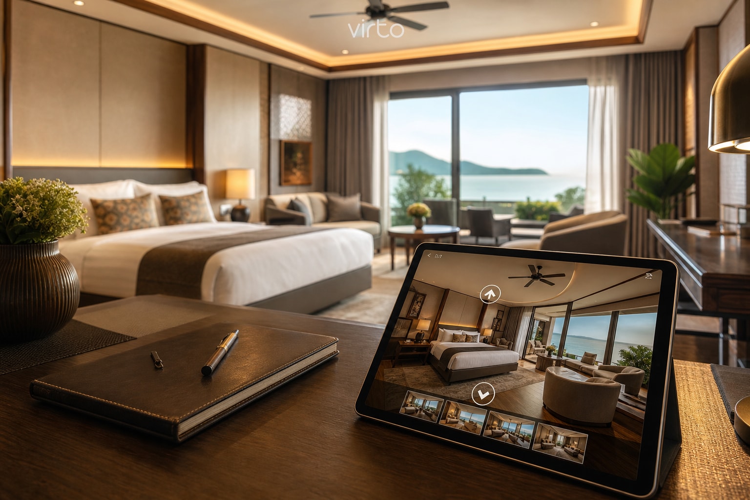 Hotel and vacation rental virtual tour — 360 walkthrough on tablet for boutique hotel suite and direct booking page embed with Virto 360