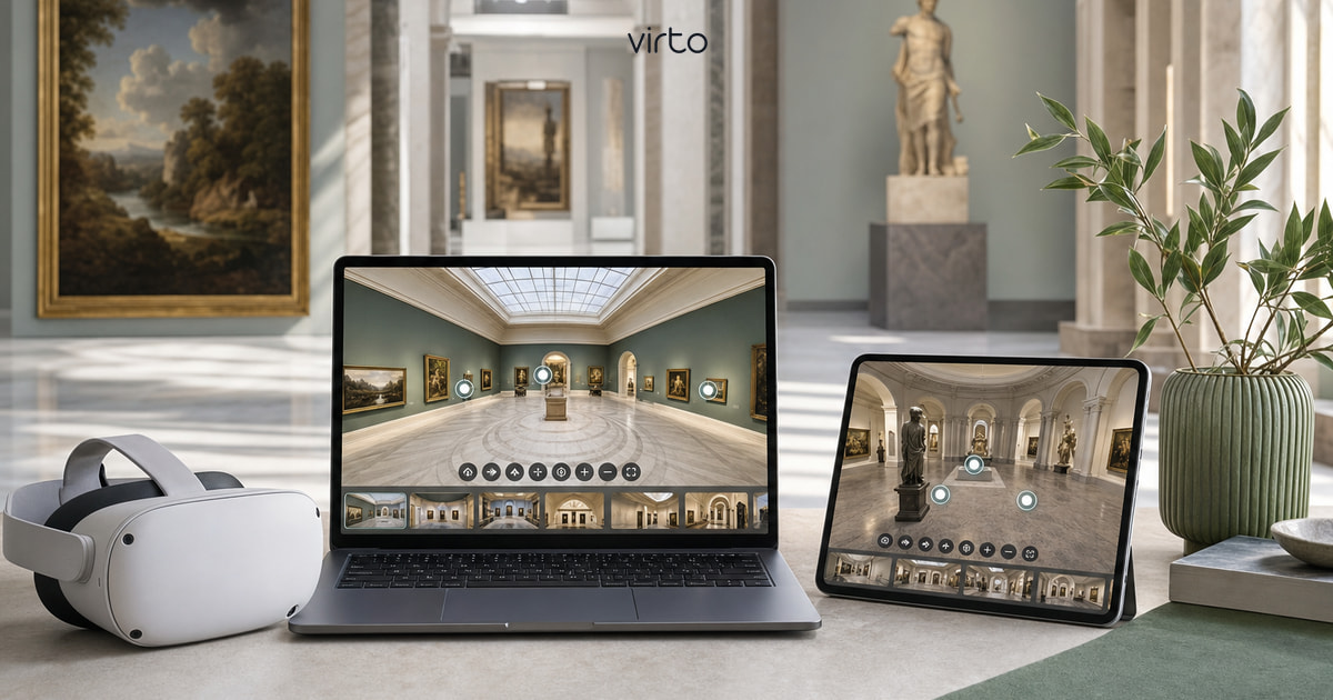 Museum and tourist attraction virtual tour — 360 gallery walkthrough with exhibit hotspots, website embed and QR code for visitors using Virto 360