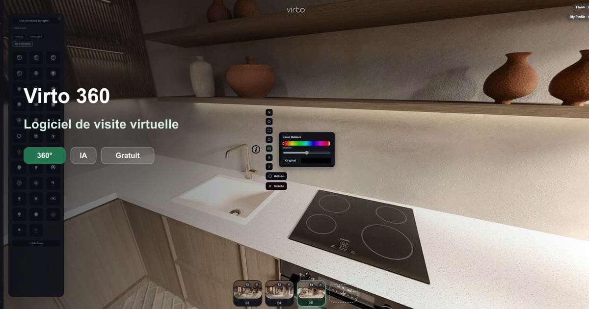 Logiciel de visite virtuelle Virto 360 — éditeur 360° avec hotspots, IA et panorama pour créer une visite virtuelle