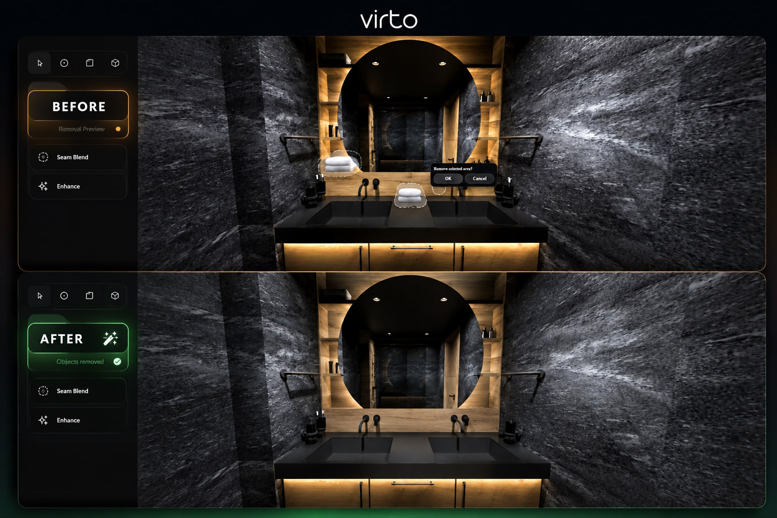Before and after AI object removal from a 360° bathroom panorama in Virto 360 Before and after AI object removal from a 360° bathroom panorama in Virto 360