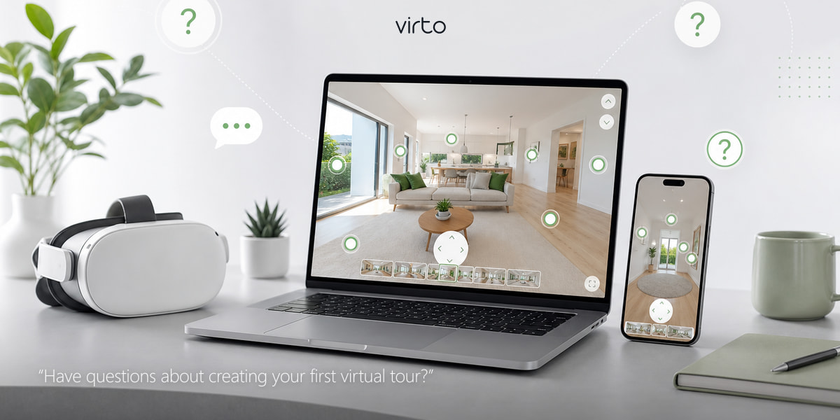Virto 360 FAQ help center for 360 virtual tours, VR, AI editing, hotspots, QR codes and embed sharing