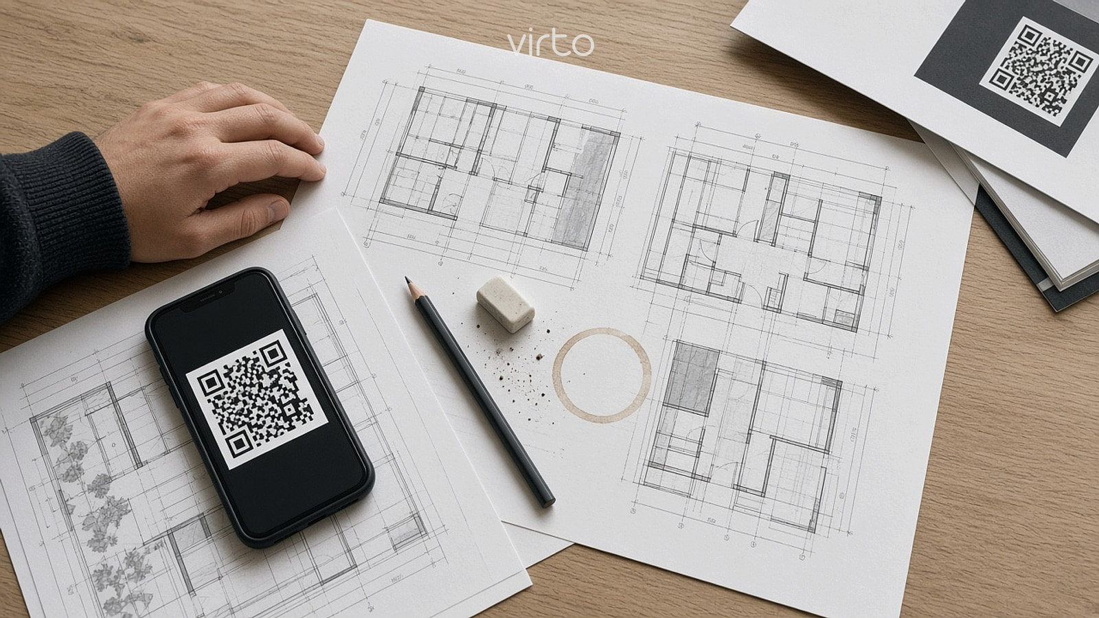 QR code for architect — printed plans and phone QR opening a Virto 360 virtual tour