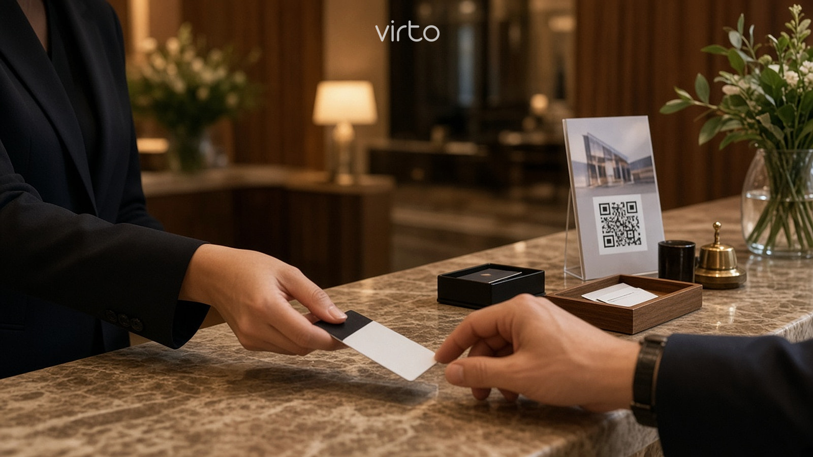QR code for hotel virtual tour — lobby key cards and brochure QR