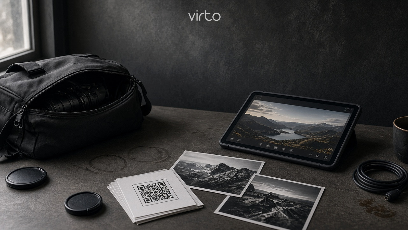 QR code for photographers — portfolio card and tablet preview of a 360° virtual tour