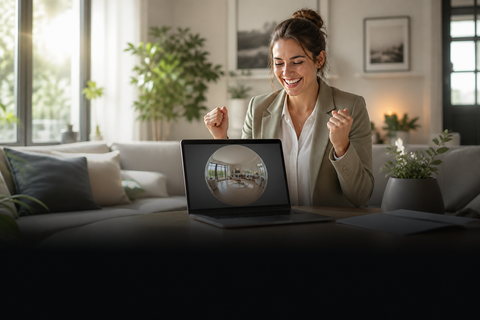 Person celebrating Virto 360 free plan — $0 virtual walkthrough publish with no watermark, hosted link and embed
