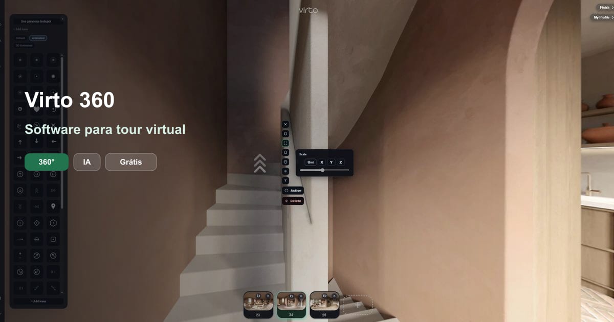Software para tour virtual Virto 360 — editor 360° com hotspots, IA e panorama para criar tours virtuais