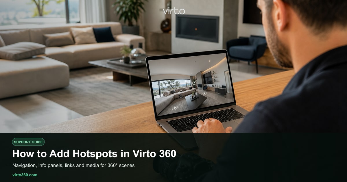 Virto 360 editor with hotspot placement tool on a living room panorama