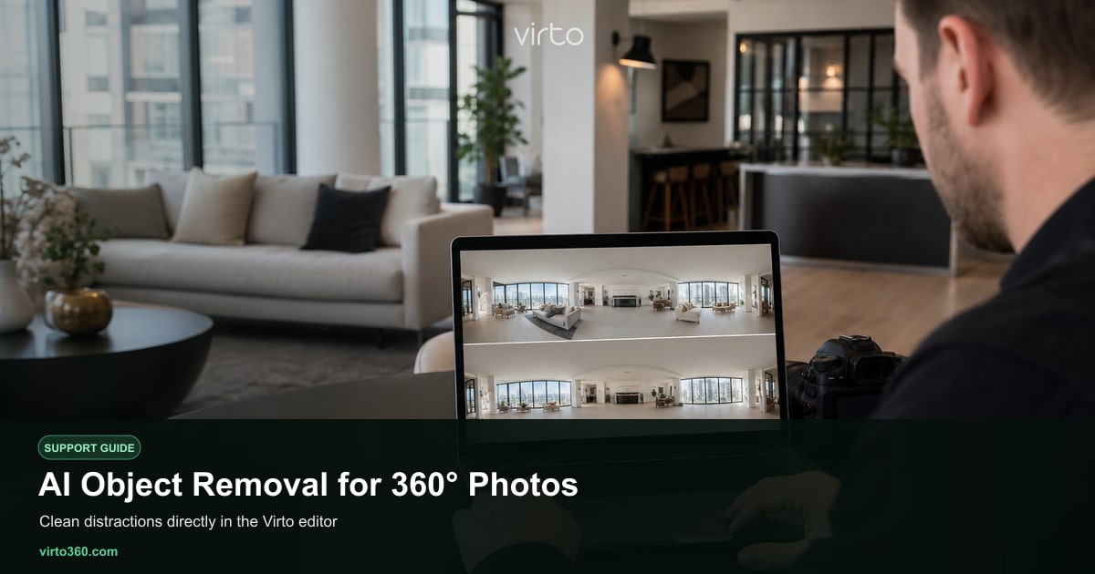 Before and after AI object removal on a 360 panorama in Virto 360 filters editor