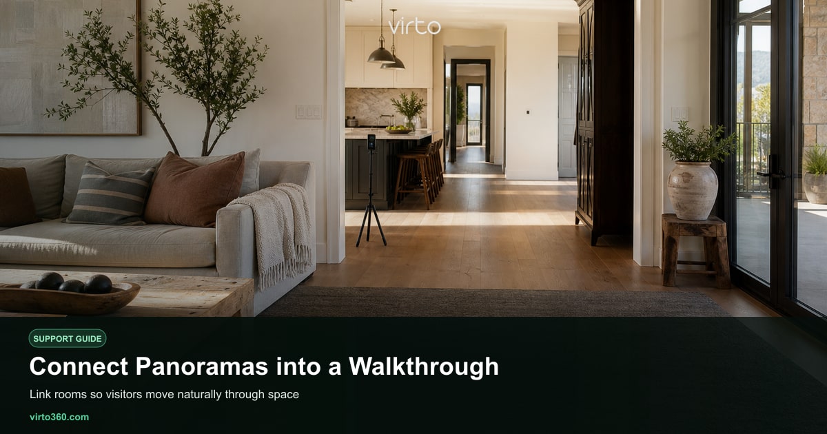 Floor plan diagram with arrows showing panorama hotspot connections between rooms
