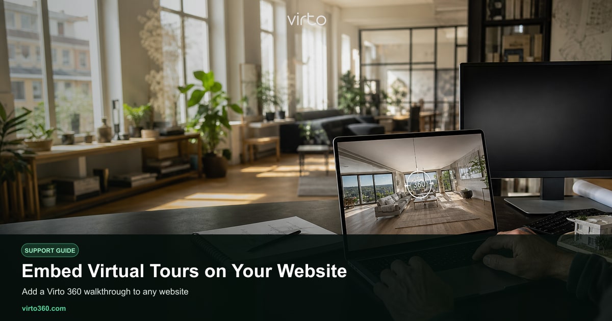 Website page with embedded Virto 360 virtual tour iframe on a real estate listing