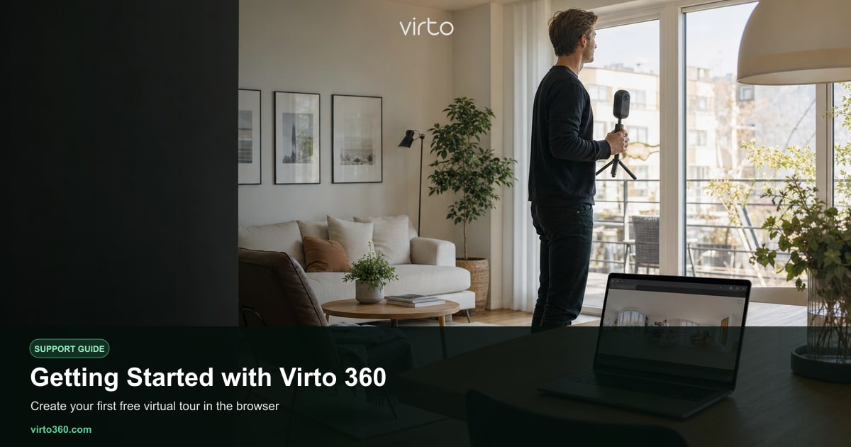 Virto 360 dashboard showing upload, editor, and share workflow for a new virtual tour