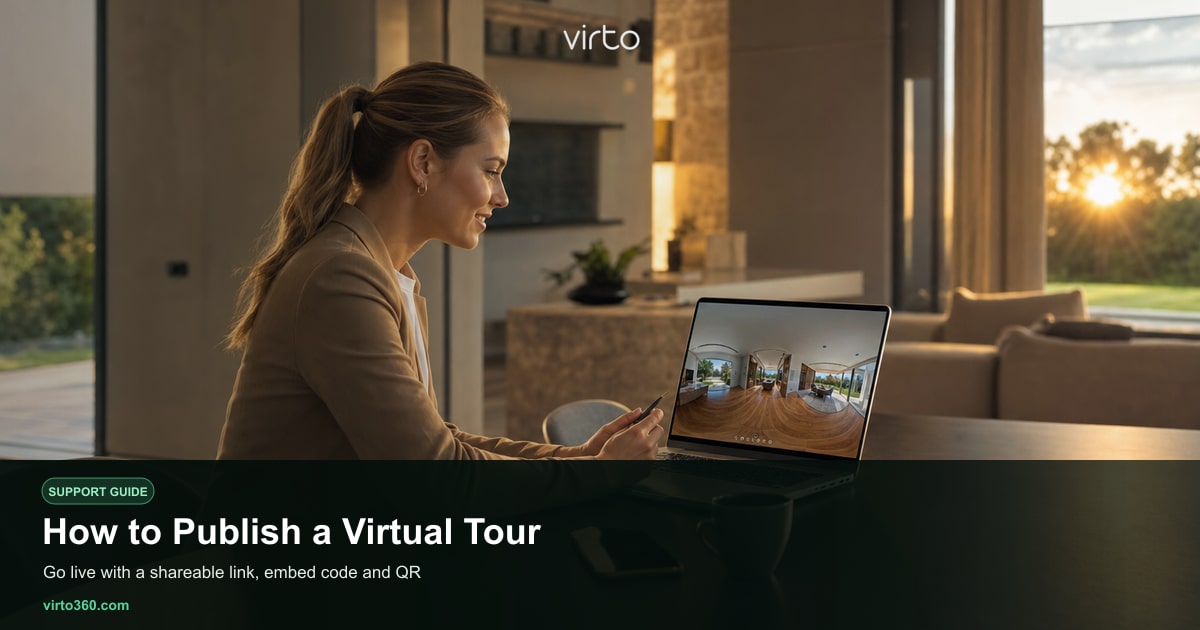 Virto 360 share page with publish button, public link, and embed options