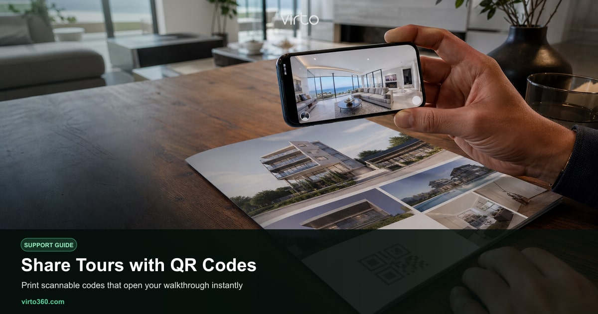 Printed real estate flyer with QR code linking to a Virto 360 virtual tour