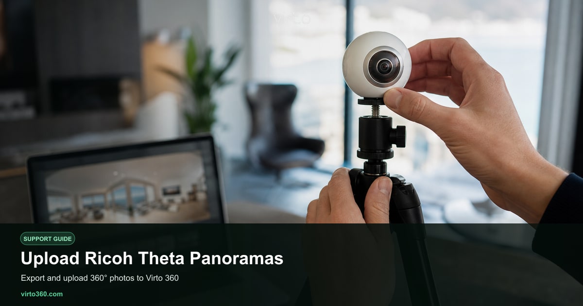 Ricoh Theta camera on tripod capturing a 360 panorama for Virto 360 upload