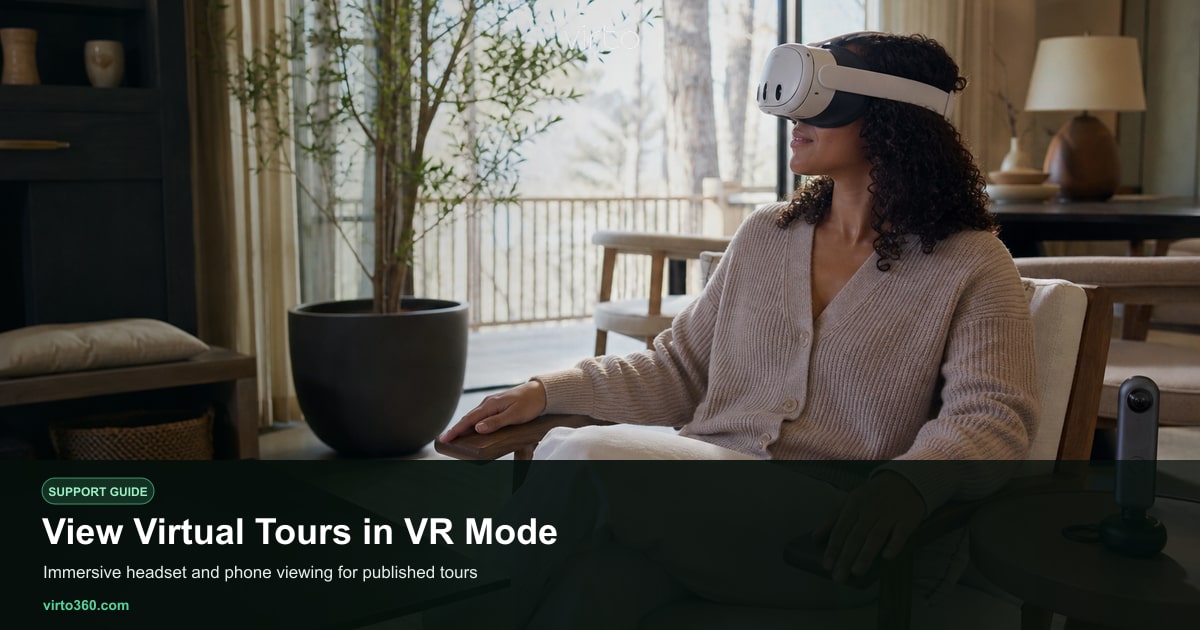Person wearing Meta Quest headset viewing a Virto 360 virtual tour in VR mode