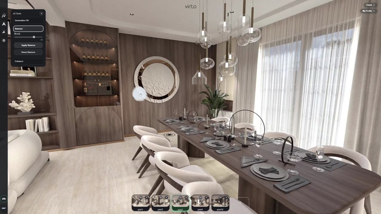 AI virtual tour software — before and after object removal on a 360° panorama in Virto 360